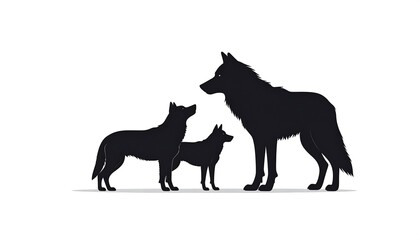 Fototapeta premium Three black wolf silhouettes of varying sizes standing in front of a white background