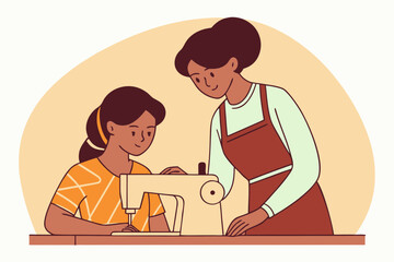Mother Teaching Daughter to Sew on Machine at Home