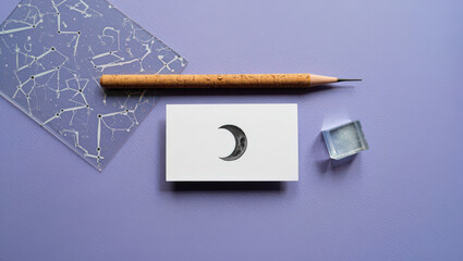 Overhead Arrangement on Purple Surface Featuring a Constellation Card, Cork Pencil, Moon Business Card, and Glass Cube for a Modern and Artistic Still Life