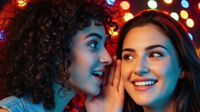 Two Gen Z women sharing rumors and whispering at a neon music festival