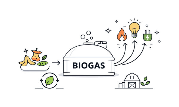 Biogas Process Illustration. Biogas production. Simple diagram-style scene with organic waste flowing into a biogas tank and energy symbols emerging. Calm,