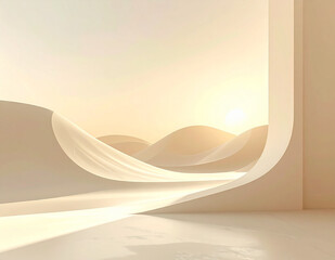 Soft abstract beige landscape with flowing silk ribbon shapes and warm sunrise light. Minimal background with copy space.