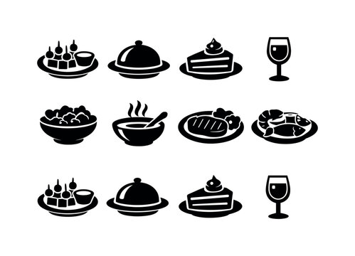   Menu Items. Filled icon set of Menu Items: appetizer plate, main course, dessert dish,