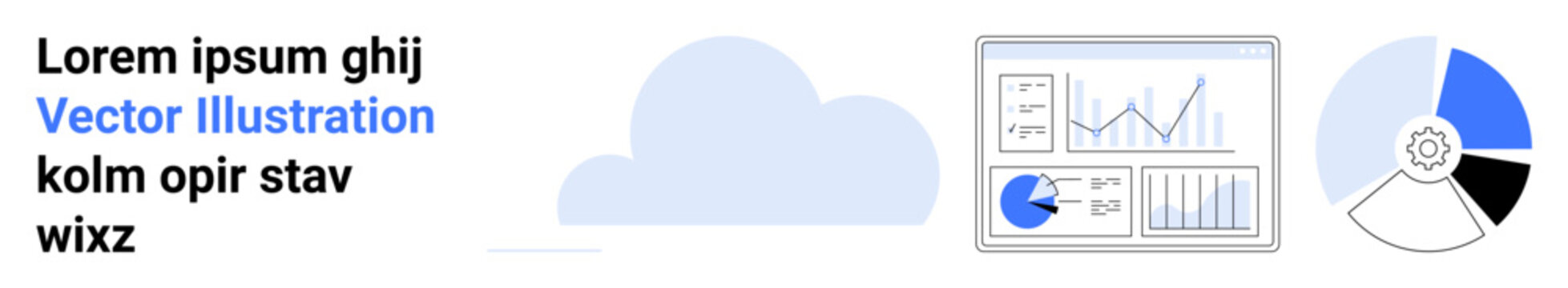 Data charts, interactive pie chart, and analytics dashboard alongside cloud graphics. Ideal for business analytics, presentations, data analysis, workflow, strategy planning, reports simple landing