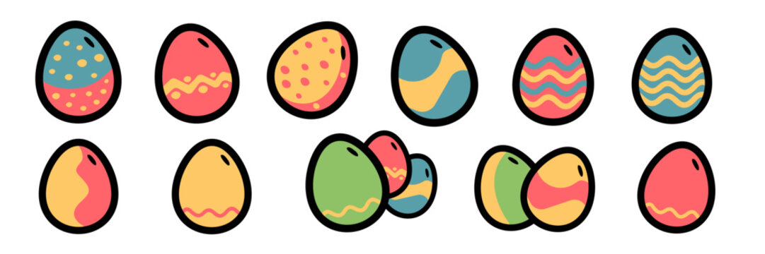 Easter egg sticker set with hand-drawn colorful eggs, cartoon decorative elements with bold outlines for holiday spring design on white background. Easter egg collection with various geometric pattern