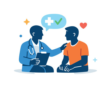    Healthcare concept doctor and patient silhouettes interacting with clear gestures, reflecting support, understanding and professional care. A