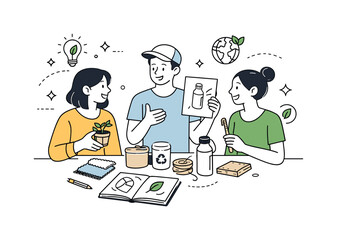 Inspirational design with ecology materials trend. A creative team discussing ideas around sustainable product samples and sketches. Friendly