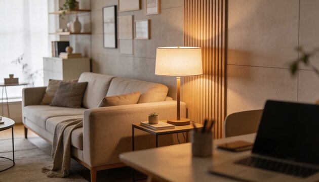 Cozy living room background, modern sofa, warm lamp light, neutral decor, depth of field blur, home office Zoom background, unique composition, different layout, creative perspective 