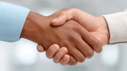 Obraz premium Close-up of two diverse hands engaged in a firm handshake symbolizing unity, collaboration, and mutual respect in a professional or personal context