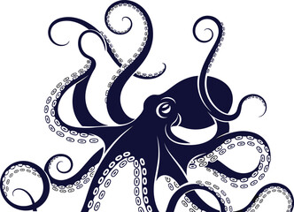 Stylized octopus illustration in dark navy blue, detailed tentacles with suction cups, dynamic marine wildlife vector design for ocean nature and decorative projects © Hafeza