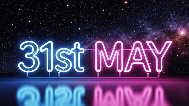 Neon text '31st MAY' glowing under starry night sky