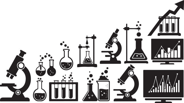 Science Laboratory Equipment and Research Icons in Black