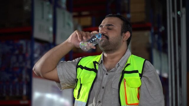 Happy Indian warehouse worker smiling after drinking water. Refreshed South Asian employee holding water bottle, feeling satisfied and positive in industrial factory workplace facility.