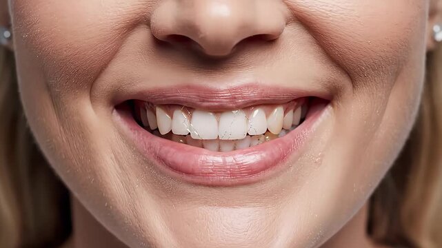 Close-up of a woman's mouth revealing a smile with noticeable bad teeth, highlighting dental imperfections and the need for cosmetic dentistry, showing cracked enamel and uneven alignment, conceptual