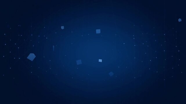 Dark blue background with floating particles and cubes animation
