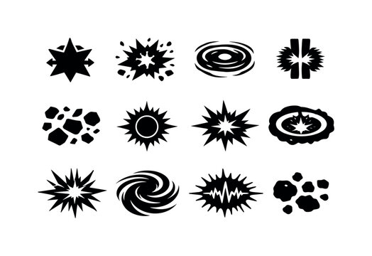 Cosmic Catastrophe. Solid icon set of Cosmic Catastrophe: star collapse, violent explosion, space shockwave, gamma rays, stellar debris,