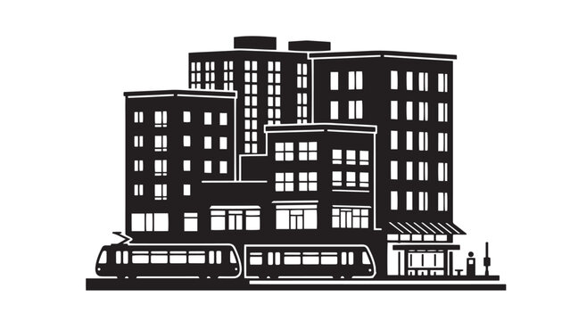 Light Rail Tram Station In Front Of Mixed Use Urban Block With Platform And Streetscape Silhouette For Transit Oriented Development And Sustainable City Planning