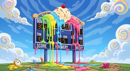 Colorful scoreboard melting with ice cream and candy