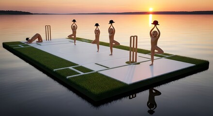 Serene yoga figures on floating cricket pitch at sunset