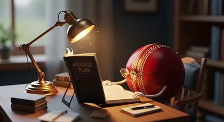 Cricket ball studying strategic plans at desk