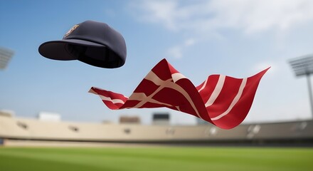 Cricket cap and flag flying high in stadium