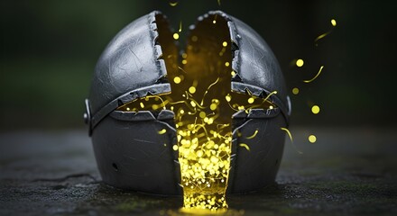 Golden light bursts from cracked metal sphere on ground