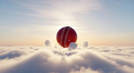 Cricket ball soaring above clouds at sunrise