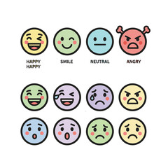 Naklejka premium A collection of diverse emoticon faces showcasing various facial expressions and emotions in a simple illustration style