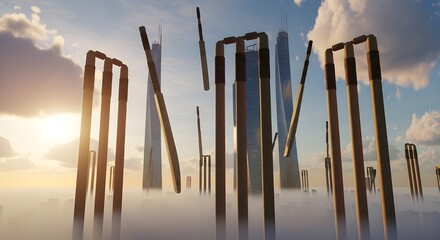 Futuristic cityscape with modern skyscrapers and fog