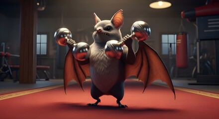 Cute bat lifting dumbbells in gym