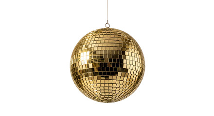 Gold disco ball hanging from thin wire isolated on a transparent background reflective mirror ball