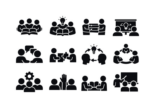    Collaborative Learning. Solid icon set of Collaborative Learning: group study, students teamwork, shared books, brainstorming board, peer