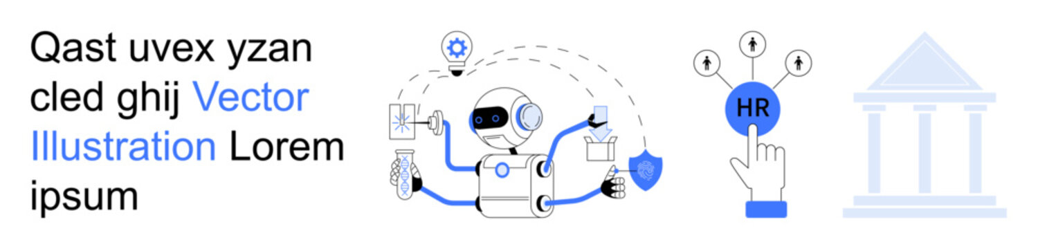 Artificial intelligence, human resources, data management, automation, technology, business operations. Robot with tools, HR selection process and institutional icon. AI in HR and data management