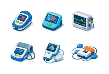 Healthcare device. Isometric flat vector icons set of healthcare device: handheld medical gadget, digital health reader, patient monitoring
