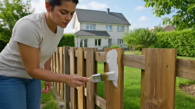 Woman Painting Wooden Fence Outdoors - Home Improvement & DIY Project