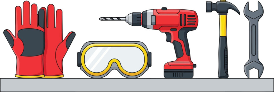 Various power and hand tools such as a drill, hammer, and wrench are neatly arranged on a shelf next to essential safety apparel.