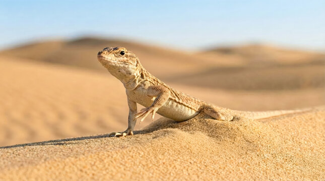 Desert lizard emerging from sand. Small desert lizard rising on sandy dunes with alert posture and natural camouflage. Great for wildlife education, nature articles, and desert ecosystem projects.