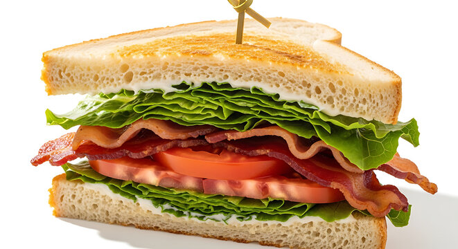 Close up of toasted B L T sandwich with bacon lettuce and tomato on white bread isolated on a transparent background
