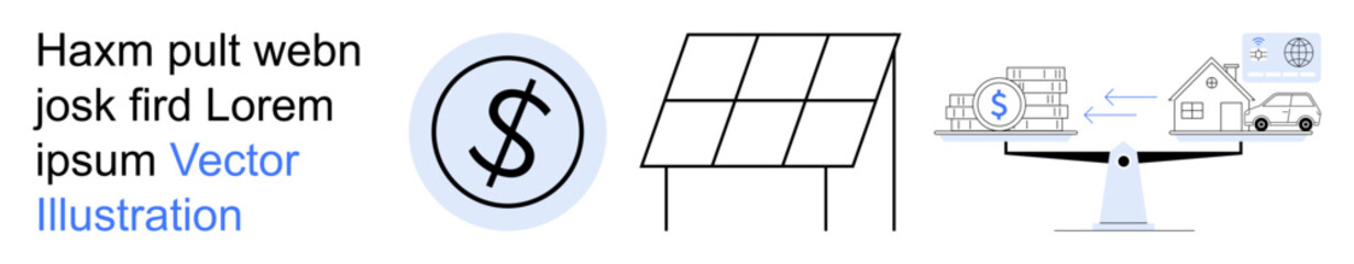 Obraz premium Renewable energy, solar power, eco-finance, sustainable investment, energy efficiency, cost analysis. Features solar panels, dollar symbol and balanced scales. Renewable energy and eco-finance