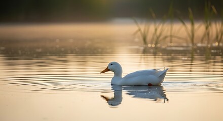 Serene white duck swims alone in morning golden light