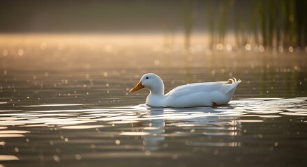 White duck gliding on water surface at sunrise