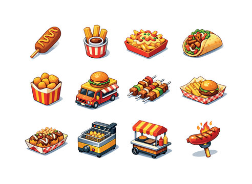 Street Food. Colorful isometric vector icons set of Street Food: corn dog, churros, loaded fries, gyros wrap, deep-fried snacks, food truck,