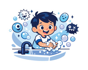 Fototapeta premium Healthy hygiene habits for children. Child happily washing hands at a sink, colorful soap