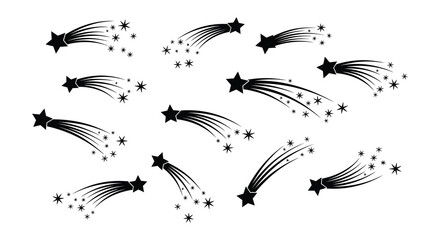 Black shooting stars with trails scattered across a white background © MdNirob