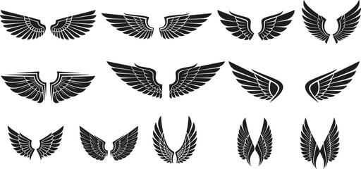 Stylized wing silhouettes collection with varied feather shapes, vector illustration for fantasy, tattoo art, decorative, creative design themes © Hafeza