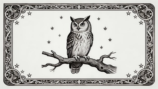 Starlit Owl on Branch: Vintage Black and White Engraved Art