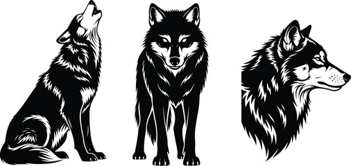 Stylized wolf illustrations, howling sitting wolf, strong standing posture, detailed fur texture, calm profile head design, wildlife vector art symbol © Hafeza