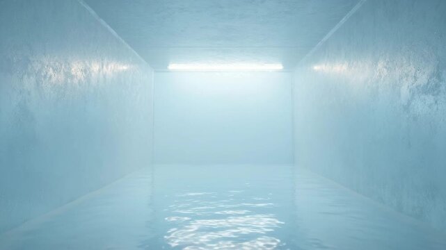 empty indoor swimming pool with blue lighting and misty atmosphere