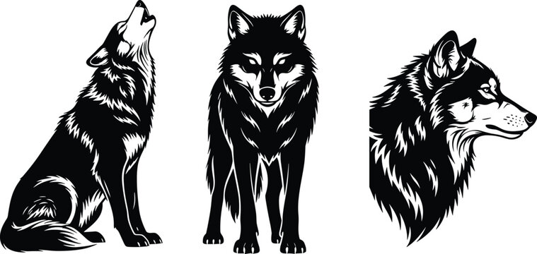 Stylized wolf illustrations, howling sitting wolf, strong standing posture, detailed fur texture, calm profile head design, wildlife vector art symbol