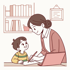 Mother helps child with homework, documentary style, focus on learning.